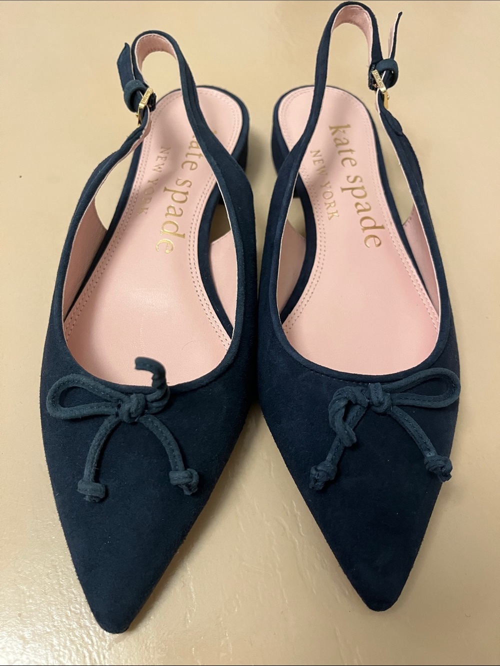 kate spade Navy Suede Pointed Toe Slingback Flats with Bow